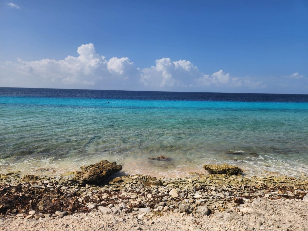 Bonaire Beach - Dohrn Travels Rocky shoreline and turquoise water at a quiet beach in Bonaire – serene Caribbean island escape. Cruise to ABC Islands