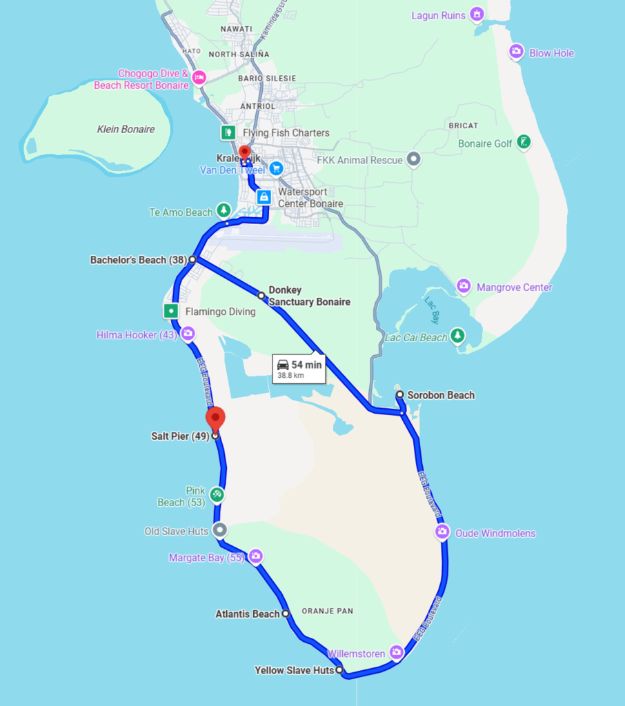 Bonaire Golf Cart Route - Dohrn Travels Map of southern Bonaire golf cart route highlighting cruise-friendly sightseeing loop and coastal stops