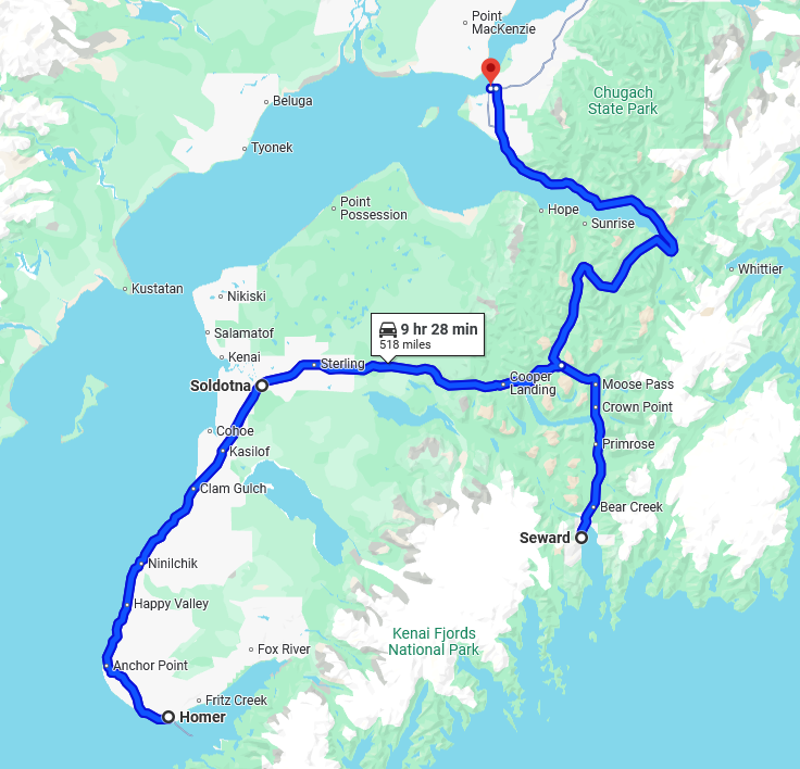 Map-with-town-stops.webp - Dohrn Travels Map. Anchorage, Seward, Homer, Soldotna, Anchorage