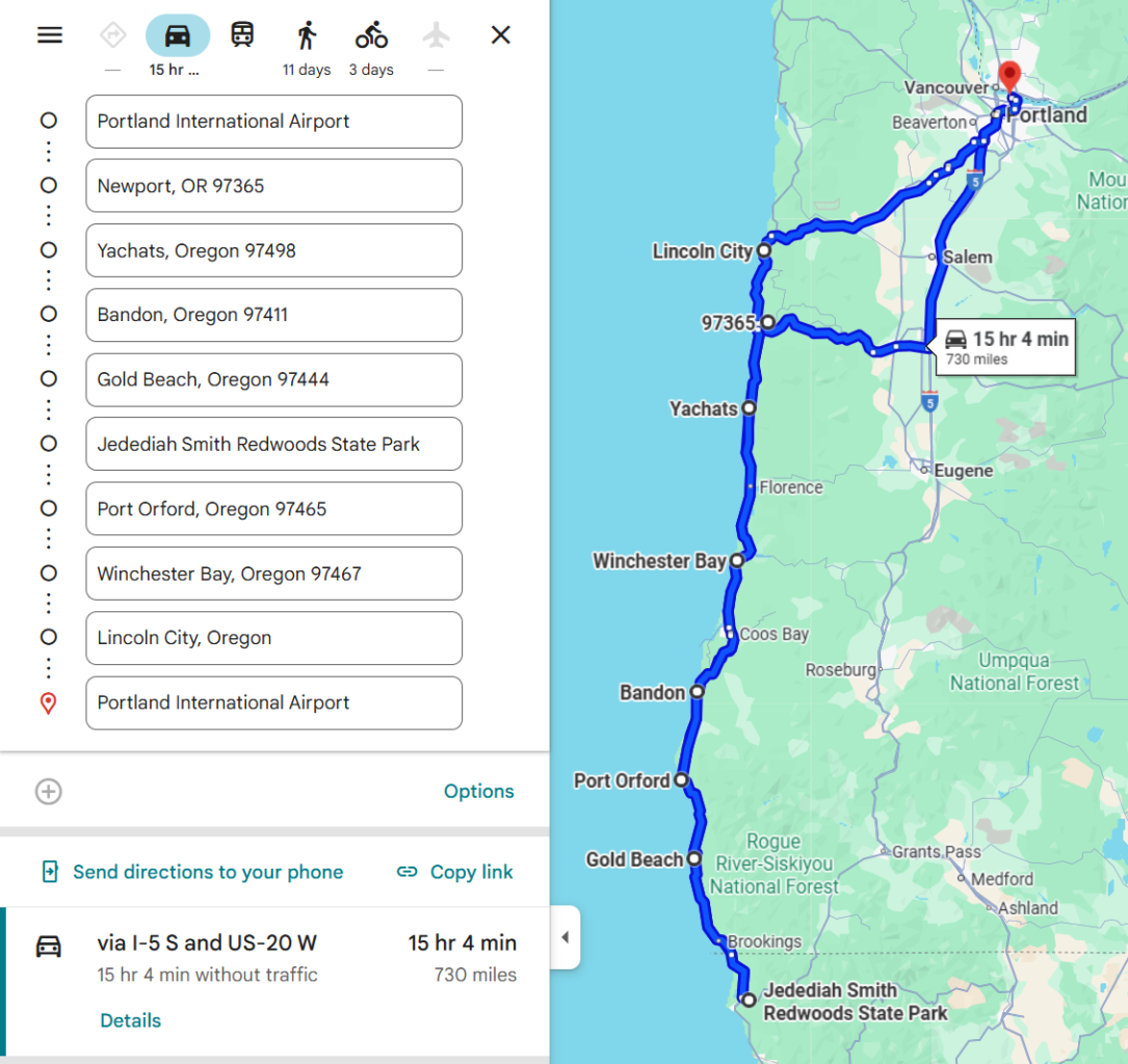 Oregon Coast Map of towns - Dohrn Travels Oregon Coast 8-day road trip map showing route from Portland to Newport, Yachats, Bandon, Gold Beach, Port Orford, Winchester Bay, Lincoln City, and the California Redwoods.