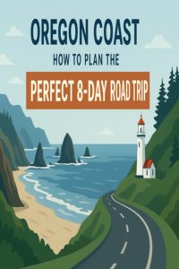 Oregon Coast road trip itinerary feature image with ocean cliffs and coastal highway
