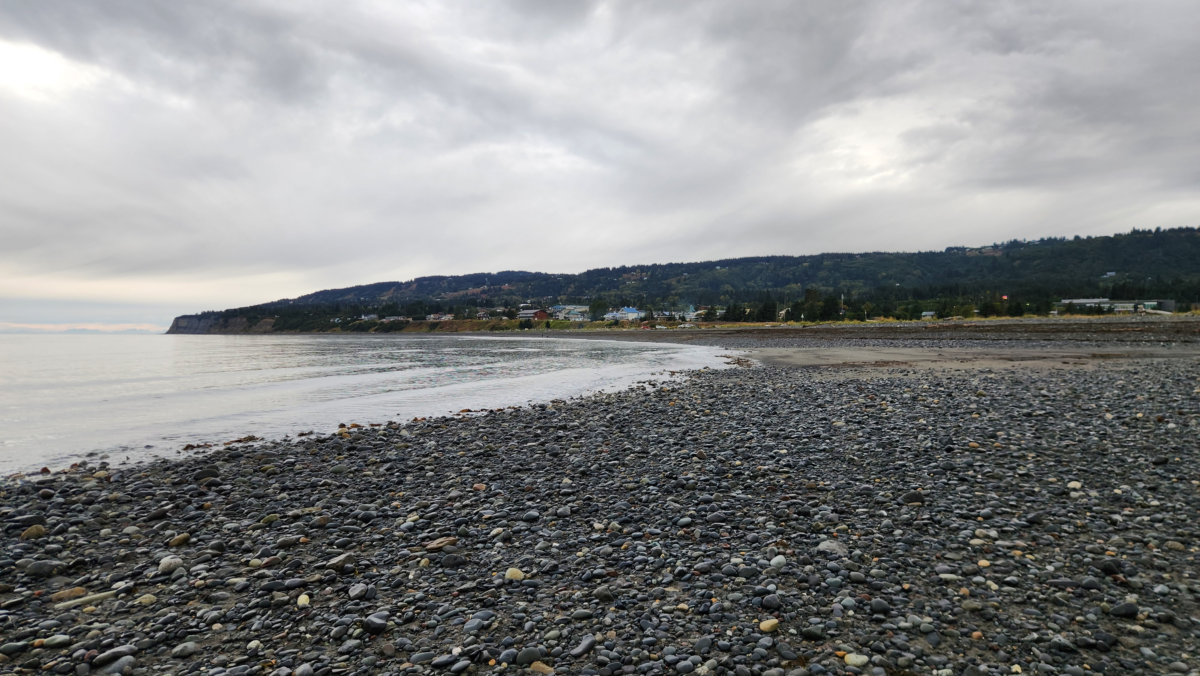 Bishop Beach Hillside Houses – Homer, Alaska - Dohrn Travels Pebble shoreline at Bishop Beach in Homer, Alaska with hillside homes and cloudy skies in the distance.