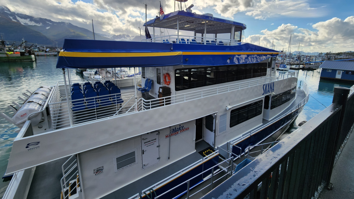 Major Marine Tours vessel Skana docked at Seward Harbor before departure on a Kenai Fjords Cruise in Alaska.