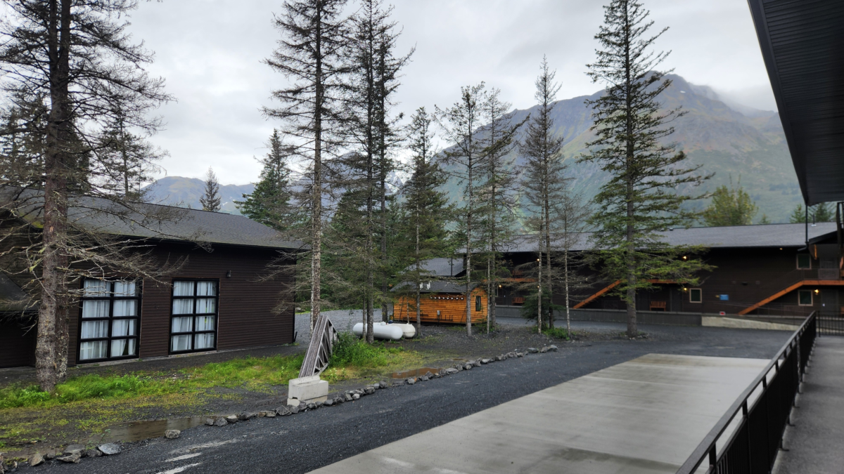 Exterior view of Spruce Lodge in Seward, Alaska, surrounded by tall spruce trees and mountain views near Kenai Fjords National Park.
