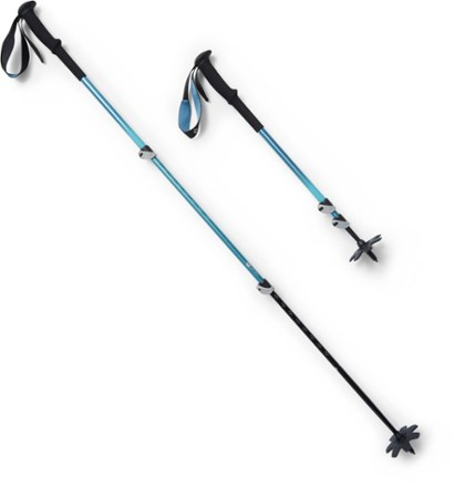 Black Diamond Trail Trekking Poles in blue with ergonomic grips and adjustable shafts.