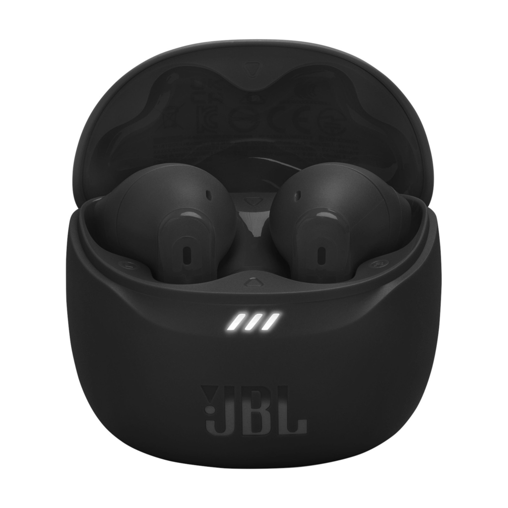 JBL Tune Flex 2 Bluetooth earbuds in black shown in an open charging case