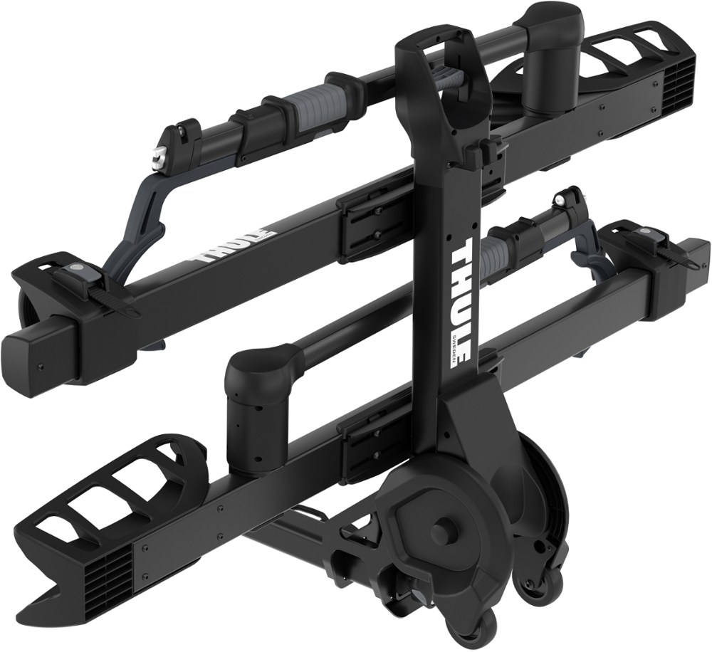 Thule T2 Pro XTR 2-Bike Hitch Rack on platform with wheel holders and secure mounting arms