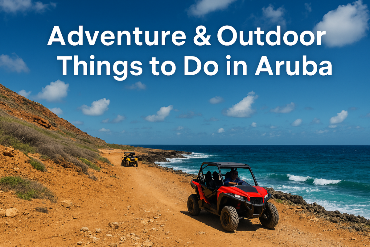 Things to Do in Aruba. UTVs driving along Aruba’s rugged coastal trail with ocean views.