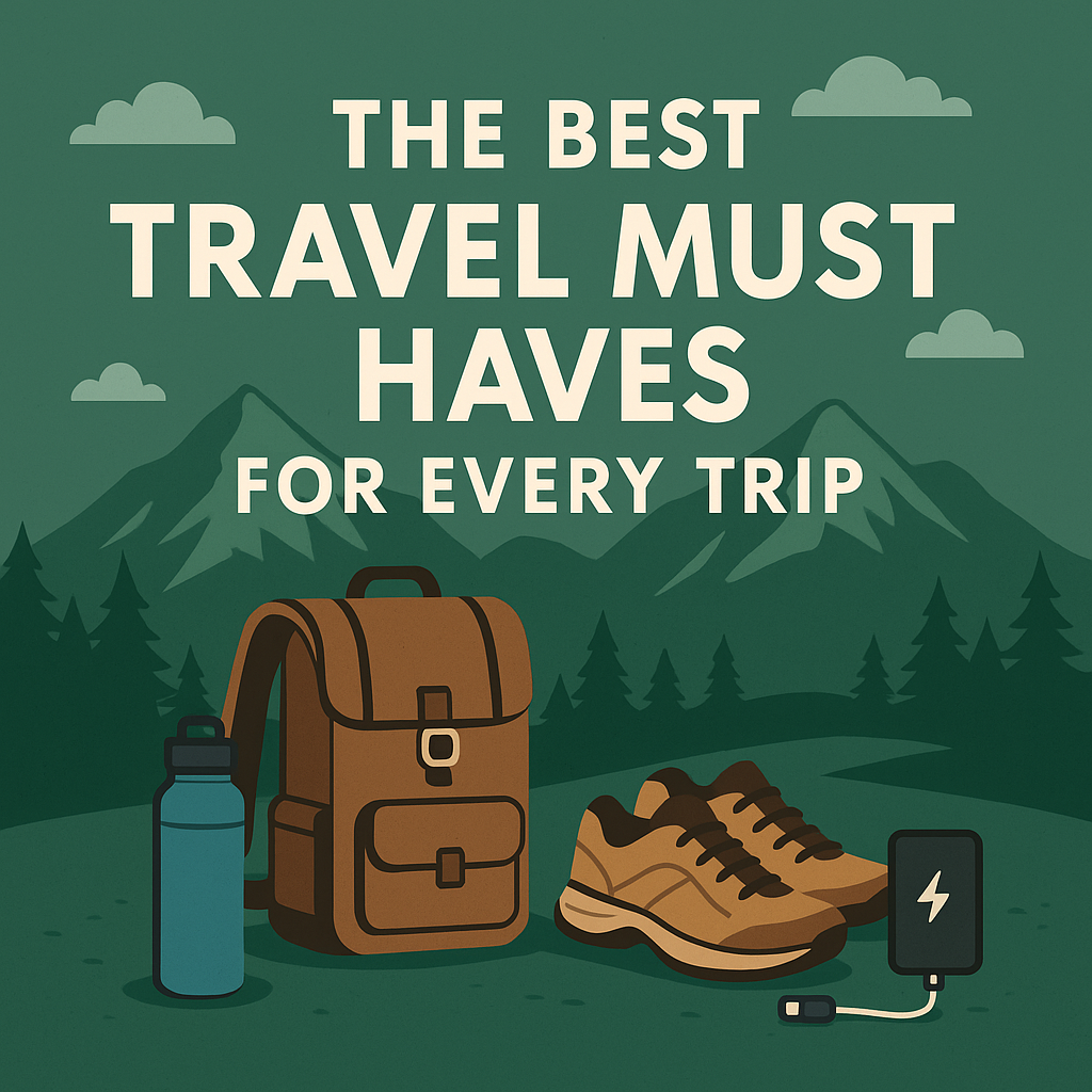The Best Travel Must Haves Feature Image - Dohrn Travels Illustrated travel gear graphic featuring a backpack, shoes, water bottle, and power bank with the title “The Best Travel Must Haves for Every Trip.”