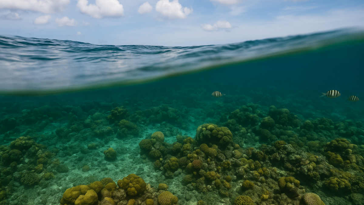 Half-Underwater Coral Reef in Aruba - Dohrn Travels Half-underwater view of a coral reef in Aruba with clear turquoise water and fish swimming below the surface