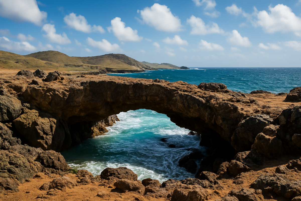 Rugged natural stone arch on Aruba’s coastline with waves crashing below.