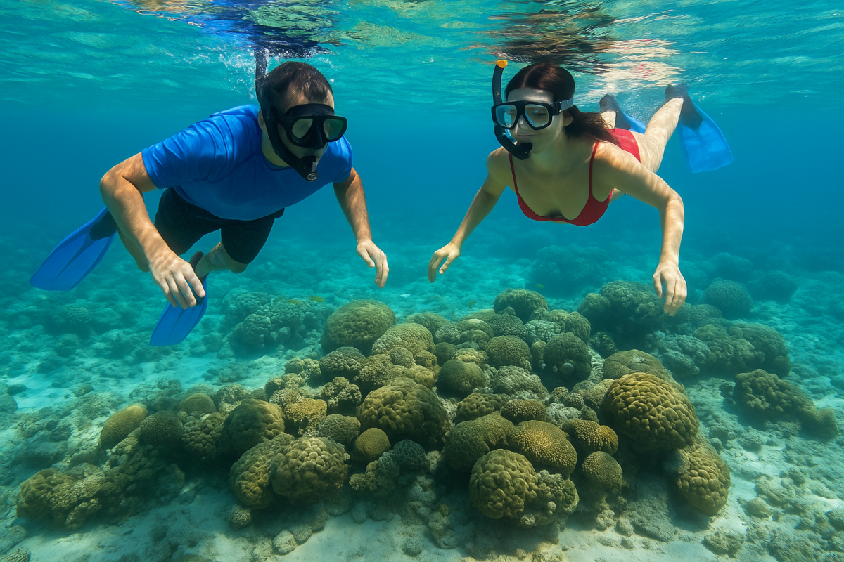 Aruba snorkeling. Two snorkelers exploring coral reefs in clear turquoise water in Aruba.