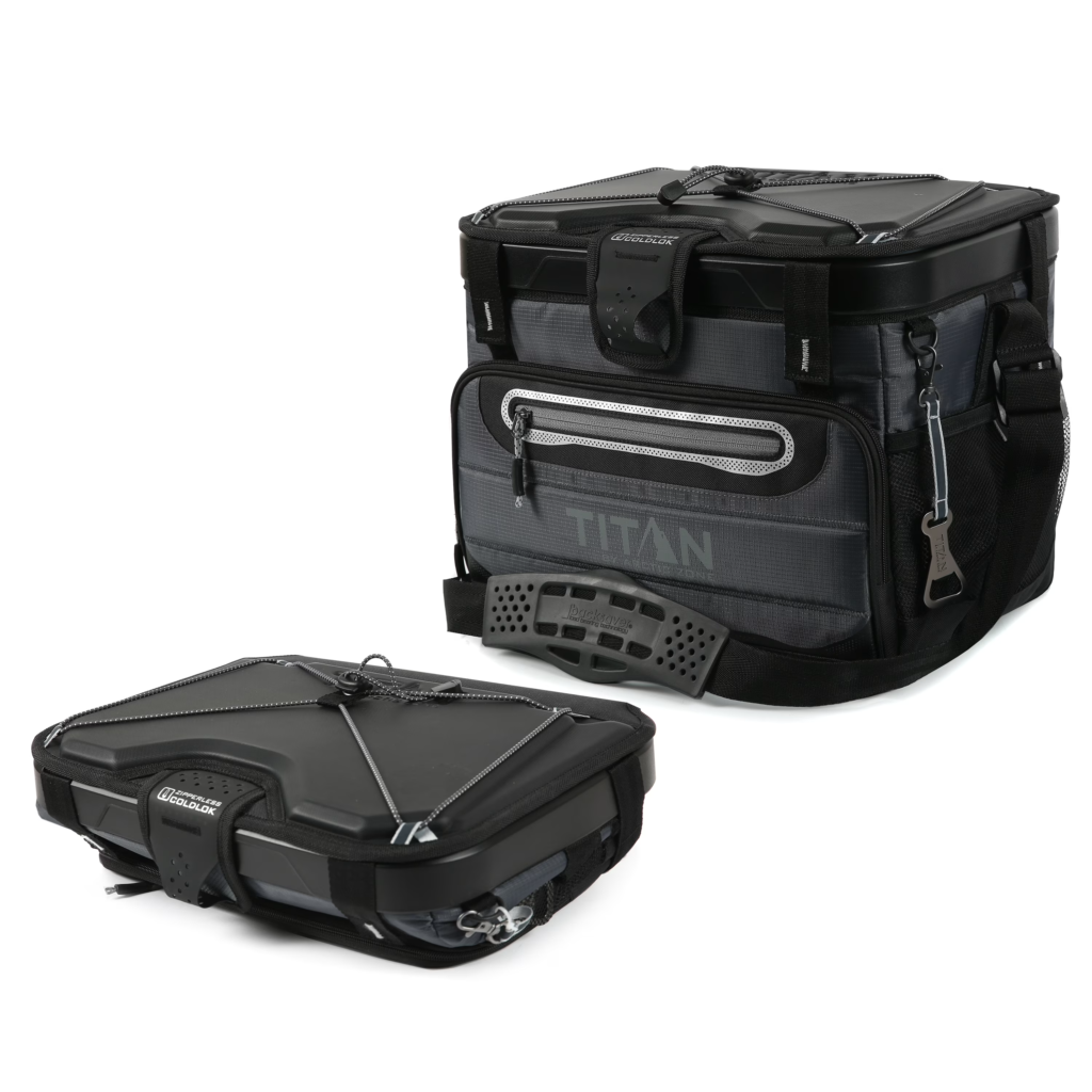Titan Collapsible Cooler for Travel - Dohrn Travels Travel Must Haves. Titan collapsible travel cooler packed for a road trip, showing its foldable design and durable build