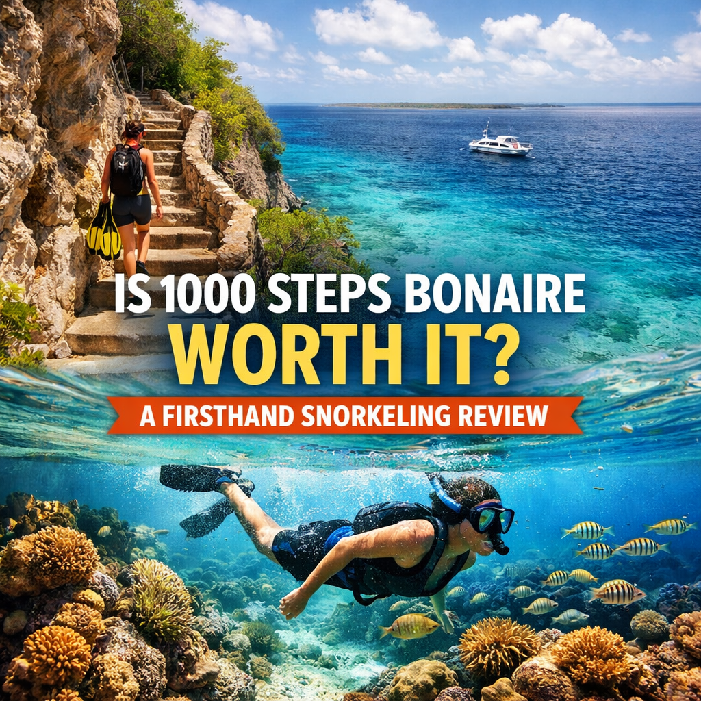 1000 Steps Bonaire Snorkeling Review - Dohrn Travels Snorkeling at 1000 Steps Bonaire with cliffside steps and clear blue water