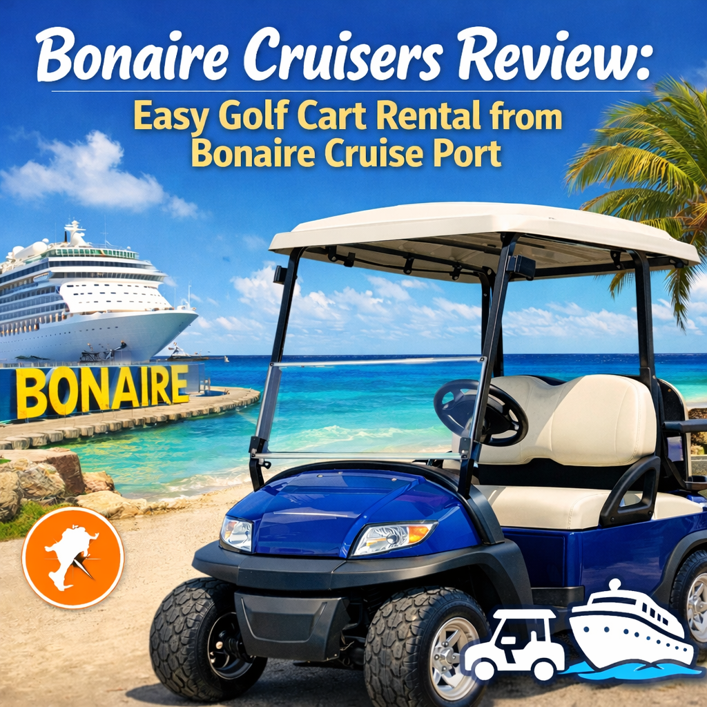 Bonaire Cruisers Golf Cart Rental from Cruise Port - Dohrn Travels Golf cart parked near the Bonaire cruise port with ocean and cruise ship in the background