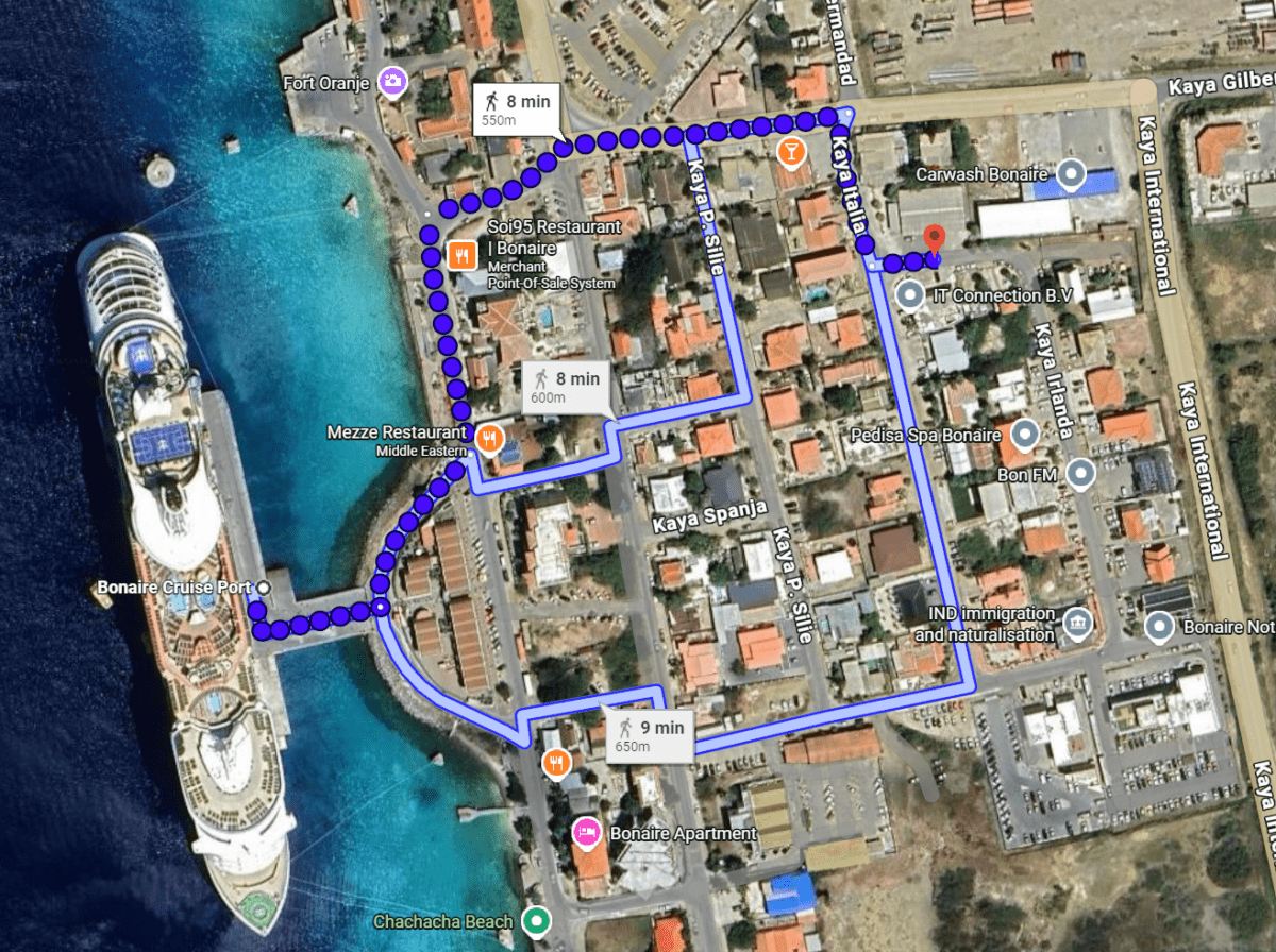 Walking Map to Bonaire Cruisers - Dohrn Travels Walking map from Bonaire cruise port to Bonaire Cruisers golf cart rental