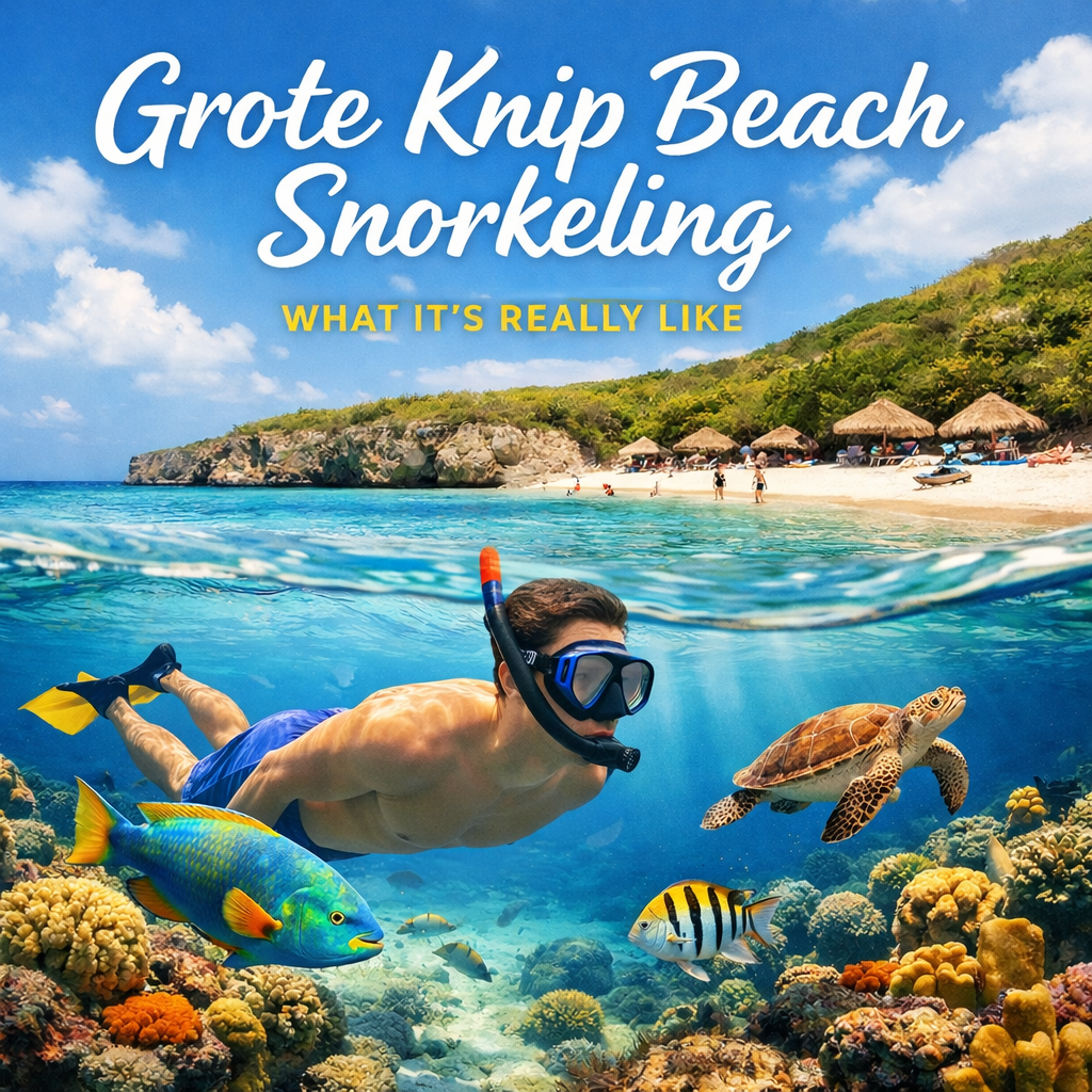 Snorkeling at Grote Knip Beach in Curaçao with tropical fish, coral reef, and clear Caribbean water near shore